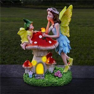 Solar Garden Statue with Mushroom, Outdoor Angel Statue 4 LEDs Fairy Sculpture